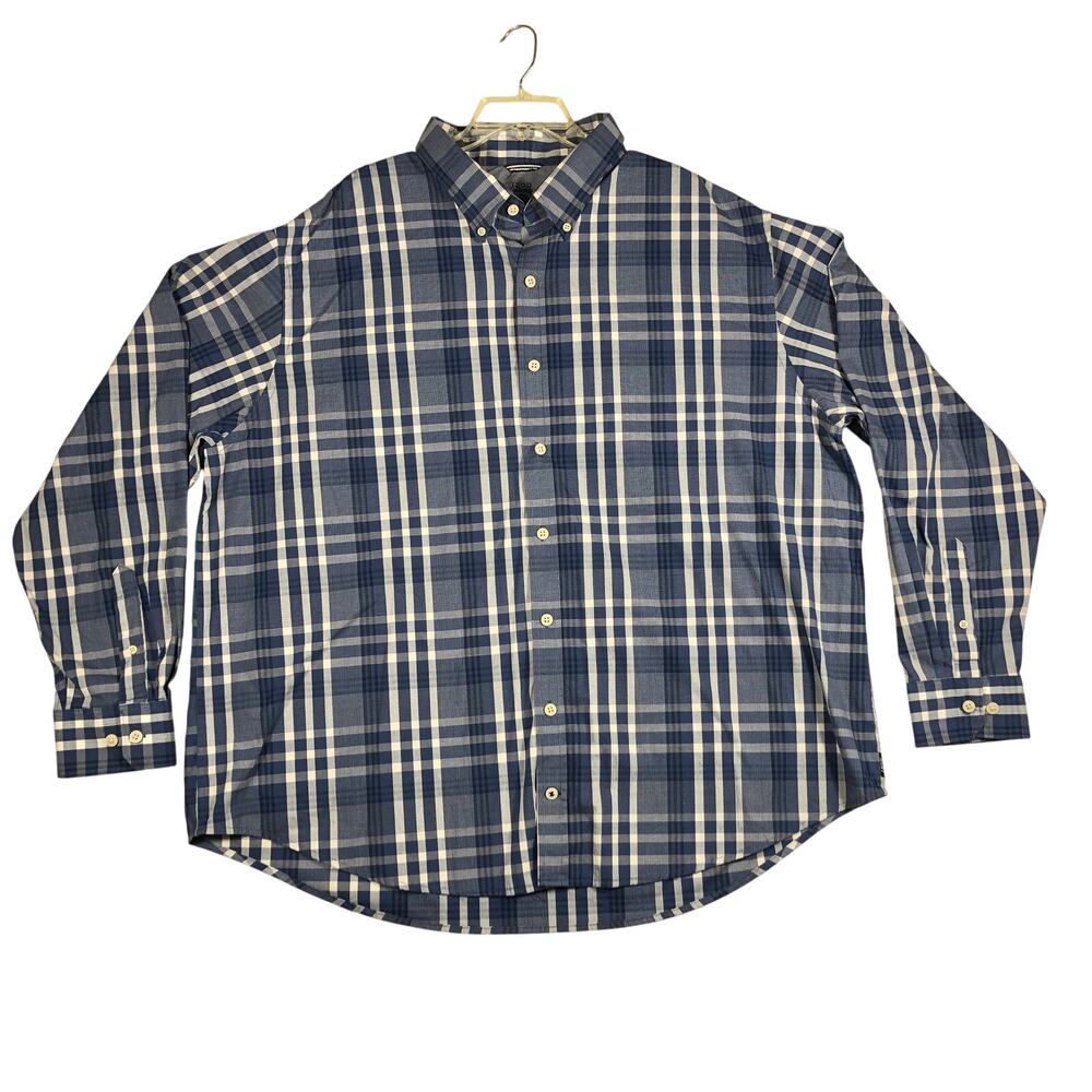 IZOD Saltwater Shirt Mens 2XLT Tall Blue White Plaid Long Sleeve Button Down
